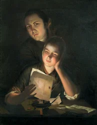 Ein Mädchen liest einen Brief bei Kerzenlicht, mit einem jungen Mann, der über ihre Schulter schaut, ca. 1760-62